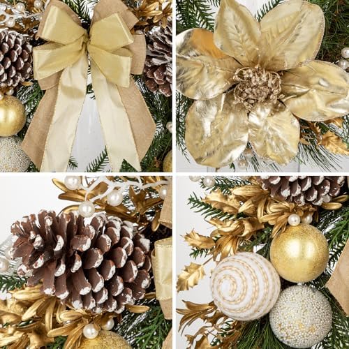 24" Champagne Christmas Wreaths for Front Door with Magnolia Fake Pearl - Image 3