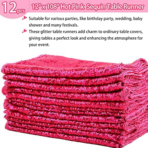 12 Packs Sequin Table Runner Hot Pink 12 X 108 Inch Glitter Dining Table Runner for Birthday Wedding Engagement Bridal Baby Shower Bachelorette Holiday Celebration Party Supplies Decorations - Image 2