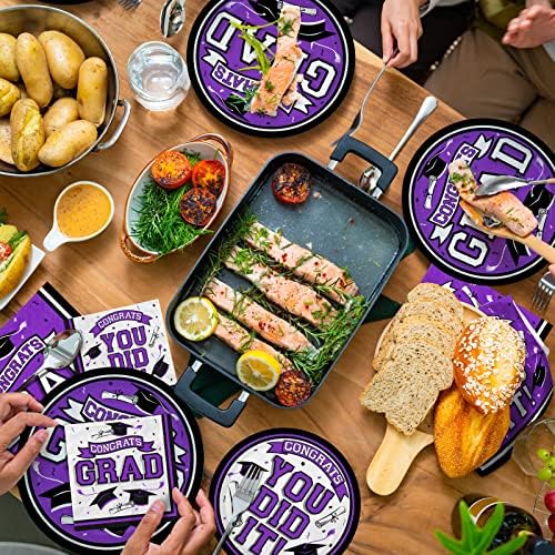 Graduation Party Supplies Dinnerware Set purple Disposable dinner paper plates dessert paper plates and Napkins for Congrats Grad Party Decorations, Serve 50 - Image 6