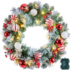 Pre-Lit Artificial Christmas Wreath 24Inch, Christmas Door Decorations Wreath with 50LED Warm Lights, Christmas Balls, Pine Needles, and Red Berries for Front Door Wall Windows X-mas Ornament by Minetom