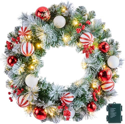 Pre-Lit Artificial Christmas Wreath 24Inch, Christmas Door Decorations Wreath with 50LED Warm Lights, Christmas Balls, Pine Needles, and Red Berries for Front Door Wall Windows X-mas Ornament by Minetom