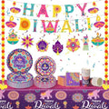Bokon 121 Pcs Happy Diwali Decorations Diwali Party Tableware Set for 24 Guests Deepawali Lights Festival Tableware Tablecloth Banner Hanging Decorations Swirls Marigold Garland for India Deepawali by Bokon
