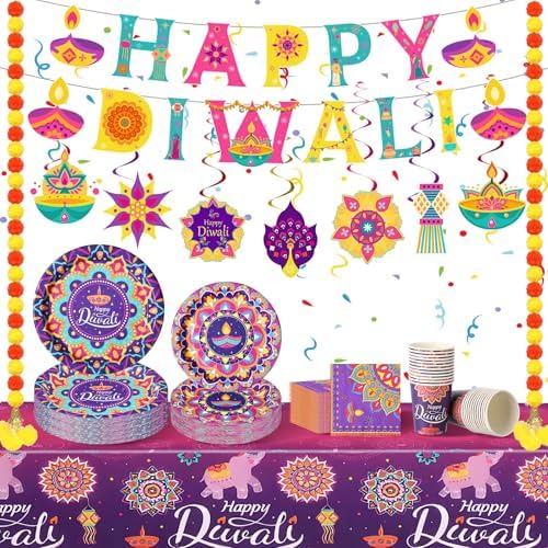 Bokon 121 Pcs Happy Diwali Decorations Diwali Party Tableware Set for 24 Guests Deepawali Lights Festival Tableware Tablecloth Banner Hanging Decorations Swirls Marigold Garland for India Deepawali by Bokon