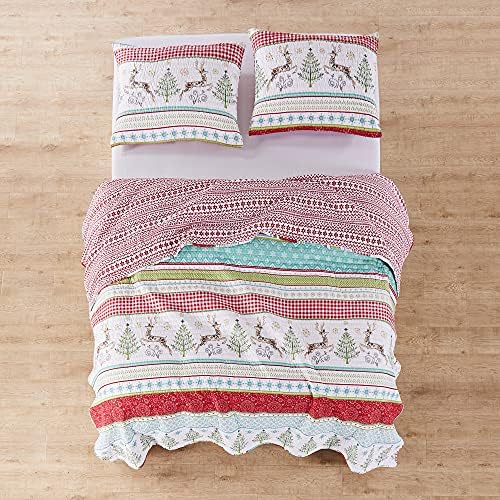 Levtex Home Merry & Bright Collection - Comet and Cupid Quilt - Twin - Holiday Deer and Christmas Trees - Red Green White Teal - Quilt (66x86in.) - Reversible - Microfiber - Image 4