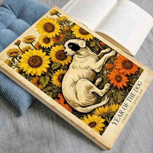 Chinese Lunar Year Of The Dog Wall Art – White Dog and Sunflower Painting for Bedroom Living Room and Gallery Decor – Fun Home Print Decoration Posters 12X18 in Wrapped Framed - Image 3