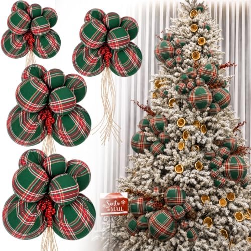4 Set Large Green Buffalo Plaid Christmas Ball Cluster Fabric Ball Ornament by Soulchen