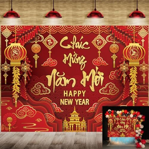 2026 Happy Vietnamese New Year Backdrop 8x6FT Vietnamese Lunar New Year Photography Background 2026 TET Decorations Kids Family Photoshoot Studio Props by CINRAY