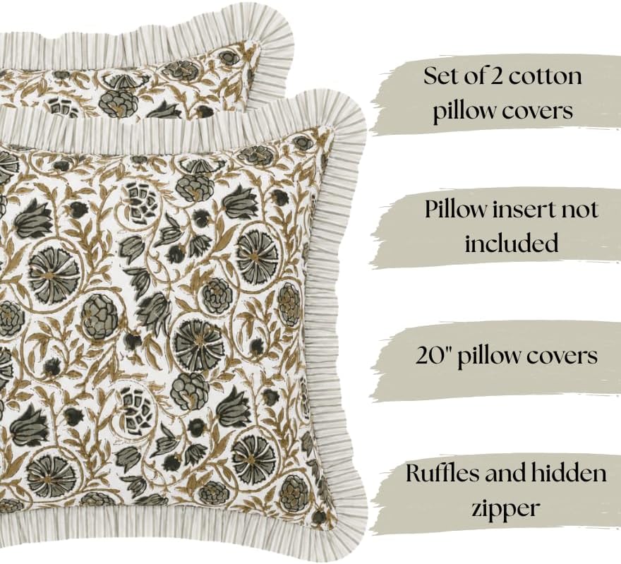 Set of 2 pillow covers with ruffles 20x20 inch Floral pillow covers green Farmhouse pillow covers for living room nursery couch throw pillow covers boho home decorative pillow for spring - Image 3