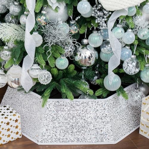 XmasExp Christmas Tree Collar, 33.5 inch Sequin Tree Skirt Stand Base Cover for Home Decor, Large Size 6 Piece, White by XmasExp