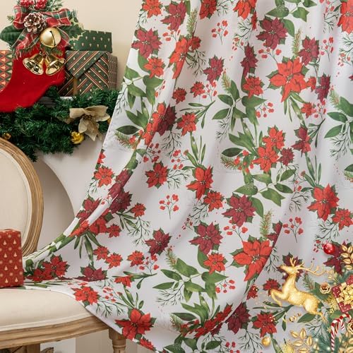 youleyar Christmas Curtains for Living Room, 84 Inch Length Rod Pocket Xmas Curtian Panels, Printed Pattern Flower Window Drapes for Bedroom Dining Room Drapes, 52" W x 84" L by Youleyar
