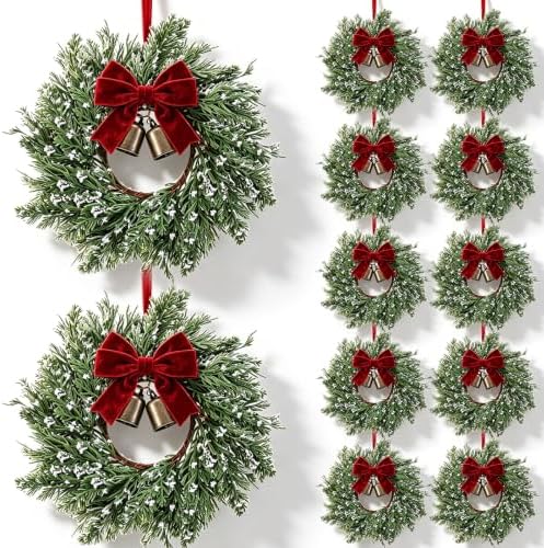 12 Set Christmas Hanging Wreaths Small Snow Flocked Artificial Cedar Wreaths with Red Velvet Ribbon Bronze Bells Mini Faux Greenery Wreath for Front Door Porch Cabinet Window Xmas Holiday Decorations by Unknown