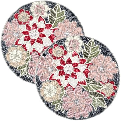 Beaded Placemats for Dining Table Flower Design Red Multi Set of 2- Measure 13 Inches Beaded Placemats Round for Gathering, Christmas, Thanksgiving - Occasional Decoration by byHomeDecorativeProduct