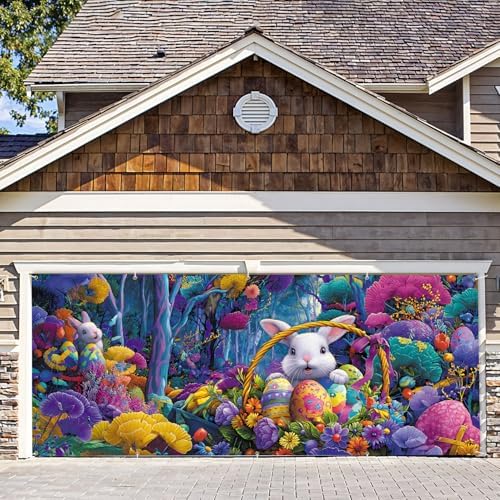 7 * 16FT Summer Garage Door Cover Decorations Sunset Palm Trees Garage Door Banner for Outdoor Indoor Summer Party Photography Backdrop (easter bunny, 7 * 16 ft) by ANNAQUEEN