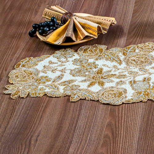 Beaded Table Runner Decore 36 inches Long Christmas Snowflake Coastal Shell Sunflower Beaded Table Runners for Halloween, Christmas, Easter Coffee Tropical - 36"x13" Gold Ivory Silver Olio Marfa - Image 2