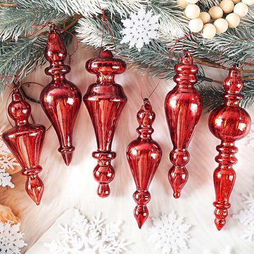 Mercury Glass Christmas Ornaments, Vintage Finial Decorations, Red, 6-Pc by OuMuaMua