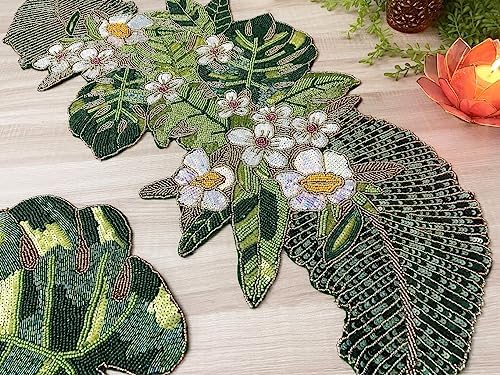 Enliven Floral Beaded Table Runner 13 x 36 Inch, Handmade Flower & Leaf Spring Table Runner, Green Botanical Centerpiece for Dining Table, Easter, Wedding, Garden Party & Home Decor - Image 3