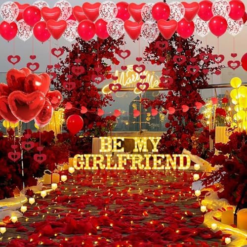Be My Girlfriend Light Up Letters Proposal Decorations, 14Pcs 6.3" Letter Signs with 24Pcs Flameless Candles 2000Pcs Red Artificial Rose Petals 45Pcs Latex Balloons 10Pcs Heart Balloon Valentine's Day - Image 4