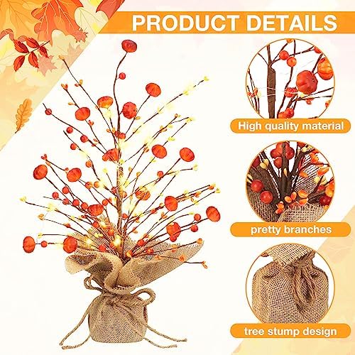 Ganeen 2 Pcs LED Fall Tree 18 Inch Tabletop Pumpkin Berry Decor - Image 4