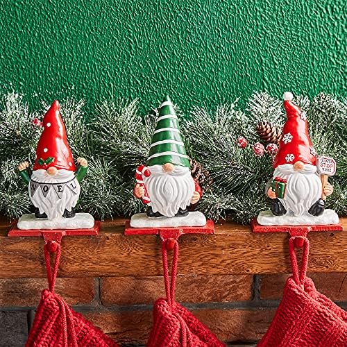 Glitzhome Christmas Stocking Holder, Set of 3 Resin Gnomes Sock Hangers Festive Gnome Figurines with Metal Base for Mantel, Fireplace, Shelf, Holiday Home Decor - Image 4