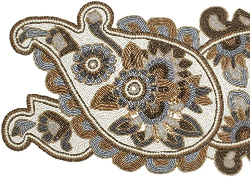 Hand Beaded Ivory Gold Fancy Paisley Runner 13x36 Decor - Image 7
