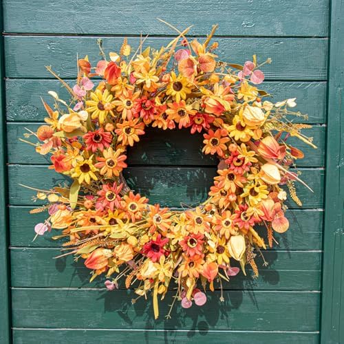 JINGHONG Fall Wreaths for Front Door 22 Inch Artificial Fall Wreath Floral Autumn Wreath with Colorful Daisies Orange Foliage for Indoor Outside Door Harvest Festival Thanksgiving Day Celebration - Image 4