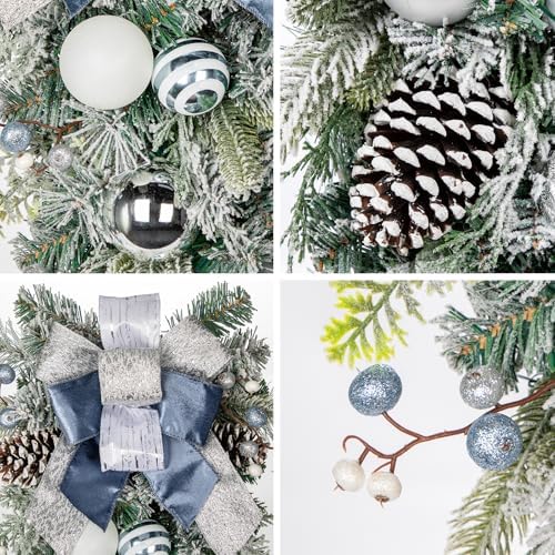 30" Christmas Teardrop Swag for Front Door Artificial Winter Swag Garland with Pine Cones, Berry Clusters, Blue Ball Ornaments and Ribbons for Thanksgiving Holiday Christmas Decoration - Image 3