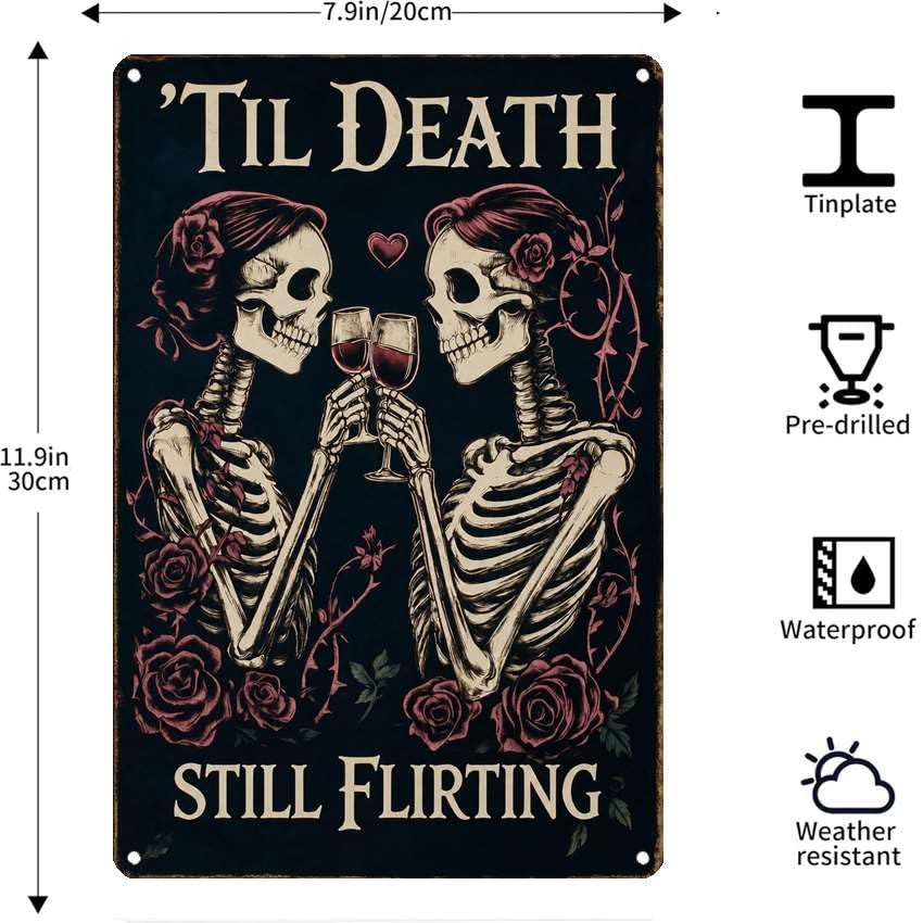Vintage Metal Tin Sign Halloween Skeleton Couple Roses Gothic Romance Wall Art for Bedroom Bar 6×8 Inches with Metal Frame - Image 7