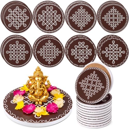 16 Pcs Indian Return Gifts Mini Kolam Ceramic Round Pooja Stand, Brown by Unknown