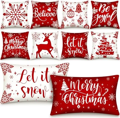 Newwiee 10 Piece Throw Pillows Covers Decorations Snowman Wreath Santa Claus Tree Red Buffalo Plaid Merry Christmas Pillow Covers for Couch Sofa(Snowflakes) by Newwiee