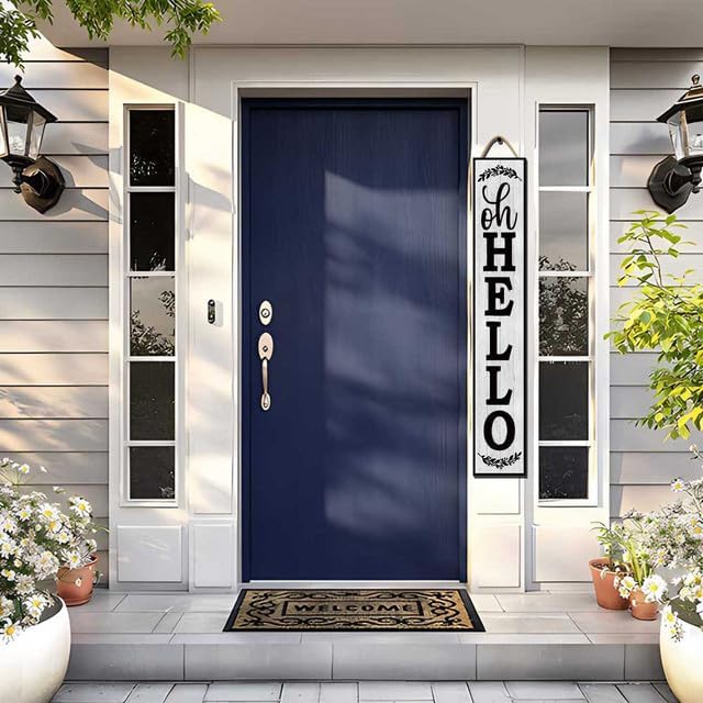 64x8 Inch Rustic Farmhouse Style Vertical Welcome Sign for Front Porch - Wood Plank Set, Charming "Oh Hello" Message, Fits Indoor & Outdoor Areas - Image 2