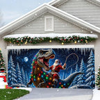 Funny Santa Riding T-Rex Christmas Garage Door Banner 7x16 FT, Large 2-Car Dinosaur Winter Wonderland Outdoor Wall Mural Backdrop, Cool Holiday Hanging Cover Sign Decoration for House Exterior Party - Image 5