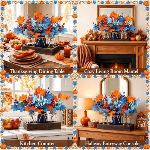 Rtteri 3 Pcs Blue and Orange Fall Mason Jar Centerpiece with Wood Tray - Image 4