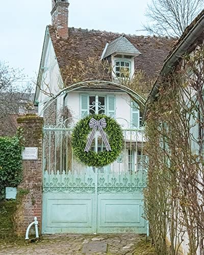 Vlorart 32" Faux Round Boxwood Wreath, Artificial Large Boxwood Wreath Front Door Wreaths Artificial Spring Summer Greenery Hanging with A Plaid Bow for Villa Wall Hanging Window Wedding Party Decor - Image 5