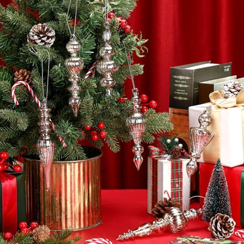 Soaoo 6 Pcs 6.3 in Silver Mercury Glass Finial Christmas Ornaments - Image 4