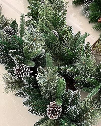 9Ft Pre-Lit Christmas Garland, Plug in, Green, 50 White Lights, Fireplace Stairs Mantle Door Indoor Outdoor, Decorated Pine Cone and Snow Style - Image 5