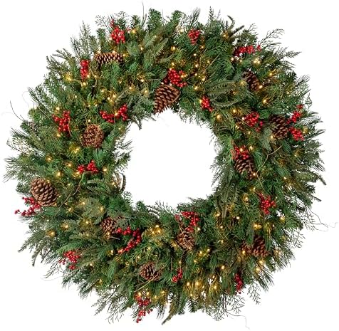 Balsam Hill Outdoor Red Berry Pine Christmas Wreath - Fresh Traditional Front Door Wreath with Natural Elements with LED Clear Lights, Plug-in, 48" by BalsamHill