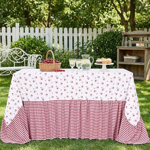 Red Ruffle Tablecloth Plaid Table Cloth - 90 x 132 Inch Waterproof Tablecloths Rectangle Washable Polyester Red bow Table Cover for Birthday Wedding Dinner Picnic Mother's Day Party Decoration - Image 3
