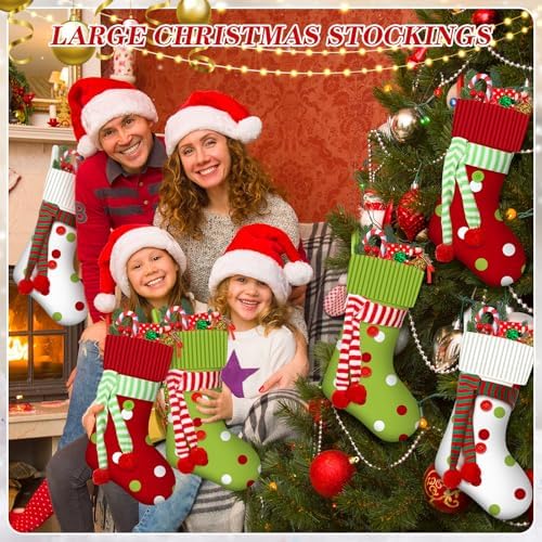 Newcotte 6 Pack 20 Inch Large Christmas Stocking Elf Xmas Hanging Stockings Red Green White Christmas Decorations for Holiday Fireplace Tree Decoration Gift Present - Image 3