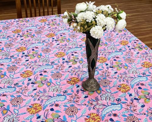 80x120 Inches Rectangle Hand Block Printed Cotton Tablecloth, Pink Blue Floral Table Cloths Washable, Indian Table Linen for Halloween Christmas Outdoor Thanksgiving Gifts Home Decor Dinning Outdoor - Image 3