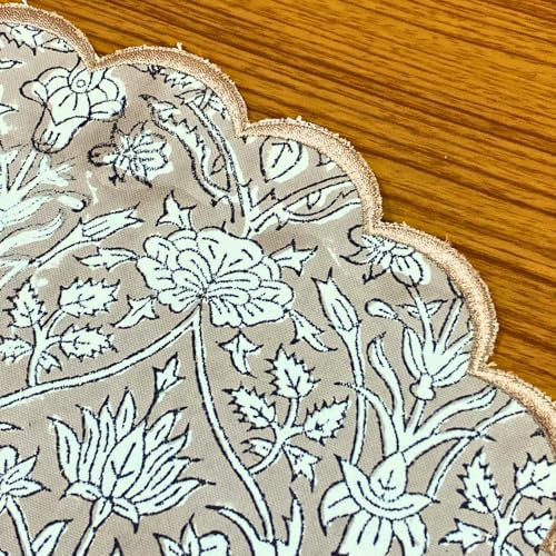 Ridhi Bo-ho Round Place Mat Easter Floral Cotton Washable Placemats 15" Round Embroidery Block Print Table Mat (Pack of 4-15 Inch Round, Taupe) - Image 4
