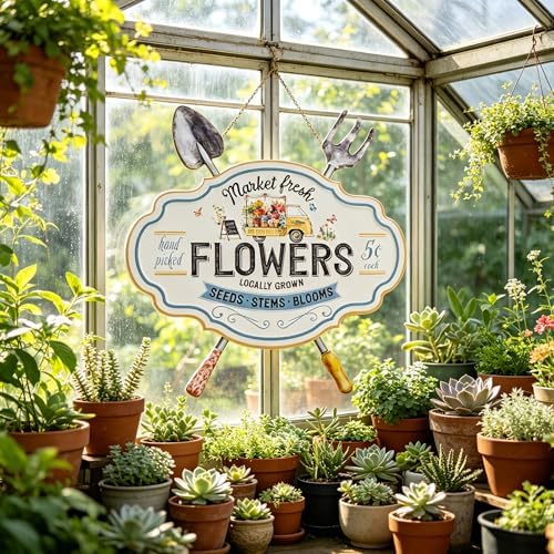 Vintage Metal Garden Sign, Decorative Wall Decor with Shovel & Rake Accents - "Market Fresh Flowers" Rustic Farmhouse Wall Art for Outdoor, Porch, Patio, 18.3" x 17.72" - Image 5