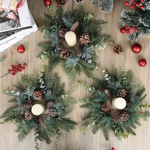 8 PCS Christmas Candle Rings Wreaths Norfolk Snowy Pine Needles Garland Pinecones Wreaths Artificial Cedar Candle Rings Holder for Christmas Wedding Home Table Centerpiece Door Window Chair Wall - Image 3