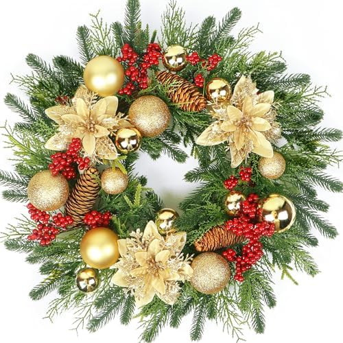 20'' Christmas Wreaths for Front Door, Gold Ball and Flower, Red Berry Decor for Indoor Outdoor Home Christmas New Year by LOKEISNA