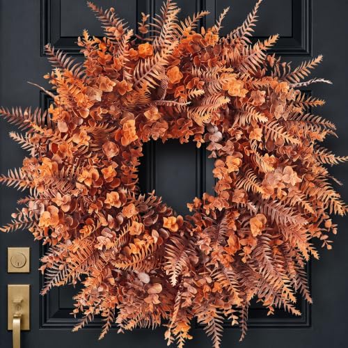 26" Artificial Fall Eucalyptus & Fern Wreath for Front Door Decor(Orange) by VIERENA