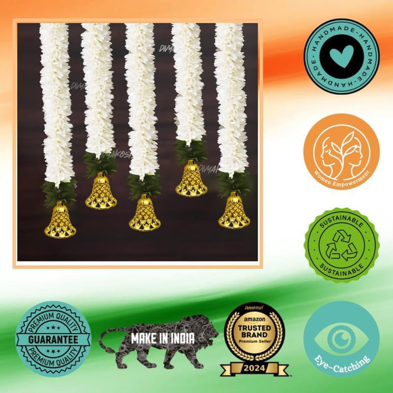 Divyakosh Garlands for Home Decoration, Gajra Hangings (Pack of 6 Latkan, Size 14 Inch Each) | Offwhite Fabric Jasmine Flower with Golden Bell | Flower Garlands for Home Decoration | - Image 5