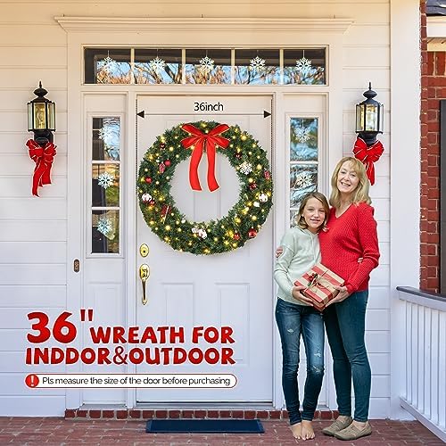 VINGLI 36 Inch Christmas Door Wreath Decorations with 100 Lights and 300 PVC Branches, Pre-lit Artificial Christmas Wreath for Front Door, Xmas Wreath w/Bow, Pine Cones, Ornaments (Plug-in) - Image 6
