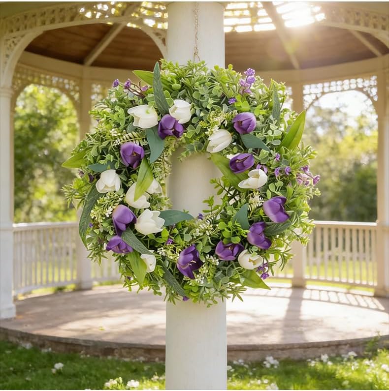 Spring Summer Tulip Wreath for Front Door 18 Inch Artificial Colorful Flower Wreath for Indoor Outdoor Wall Festival Easter Home Farmhouse Wedding Decor (Green + Purple) - Image 4