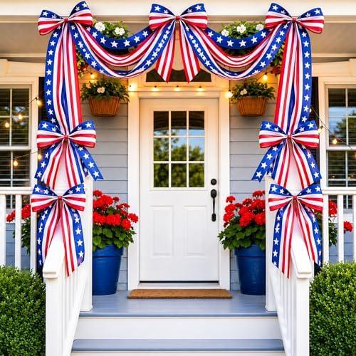 Knitgrip 10ft Patriotic Red White and Blue Outdoor Decorations Bunting Bow Garland with 4th of July 4 Large Bows Patriotic Porch Decor American Flag 250th Banner for Independence Day Wall Stair by Knitgrip