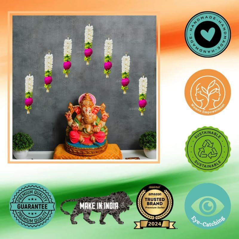 Divyakosh Lotus Hanging Gajra Set of 8 | Small 10 Inch Off-White Fabric Floral Wall Hangings | Backdrop Decor for Festivals & Diwali | Temple & Pooja Room Decoration Items - Image 4