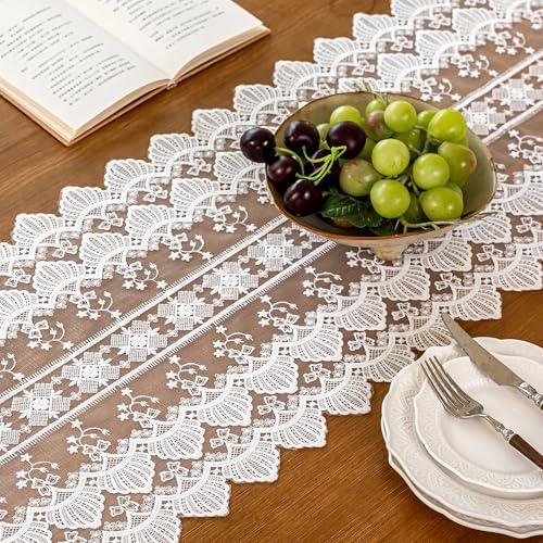 Lace Table Runner Exquisite Embroidery Floral,UWWGKK Table Runners with Tassel Retro French Country Style,for Wedding Decor,Afternoon Tea,Bed Runner,Piano Top Cover,13x122 Inch - Image 4